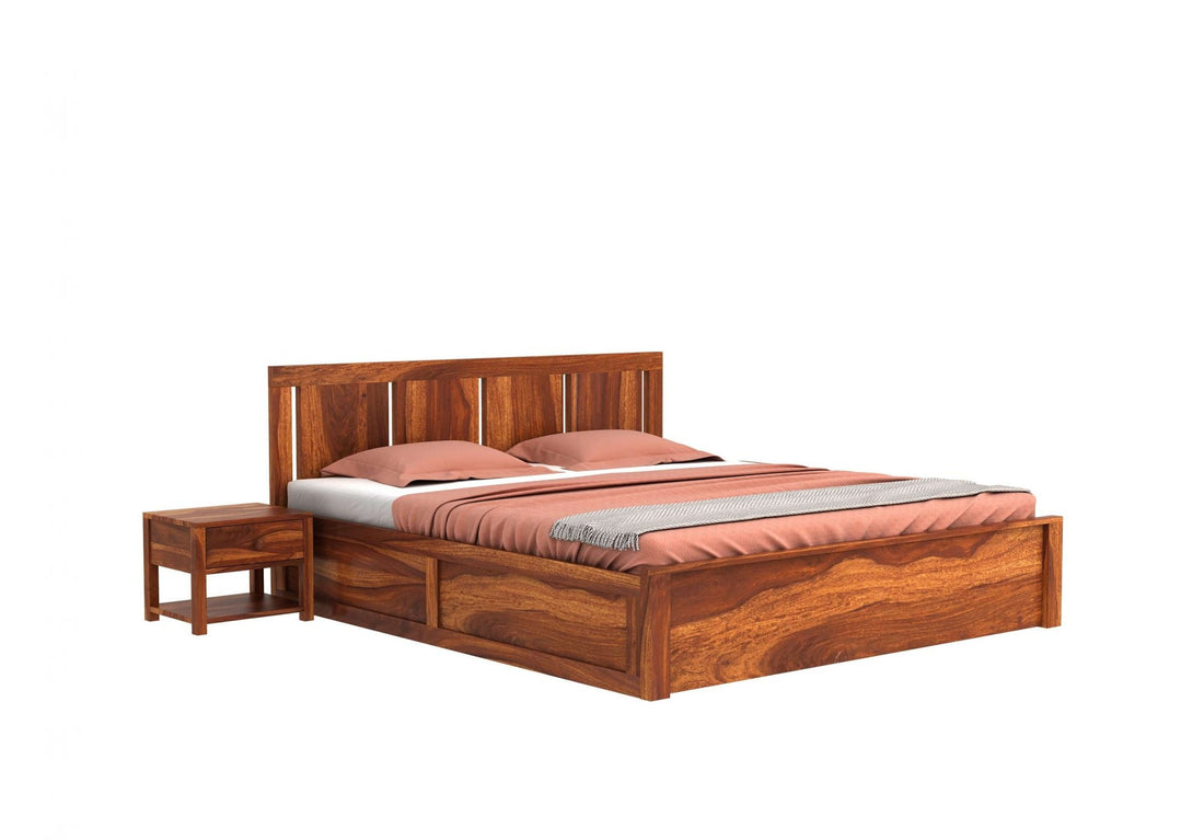 Craft D Art Sheesham Wood Queen Size Bed With Storage (Honey Finish)