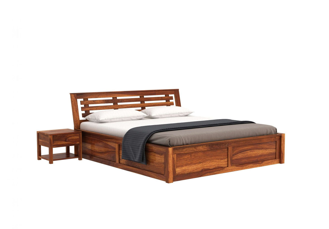 Craft D Art Sheesham Wood Queen Size Bed With Storage (Honey Finish)