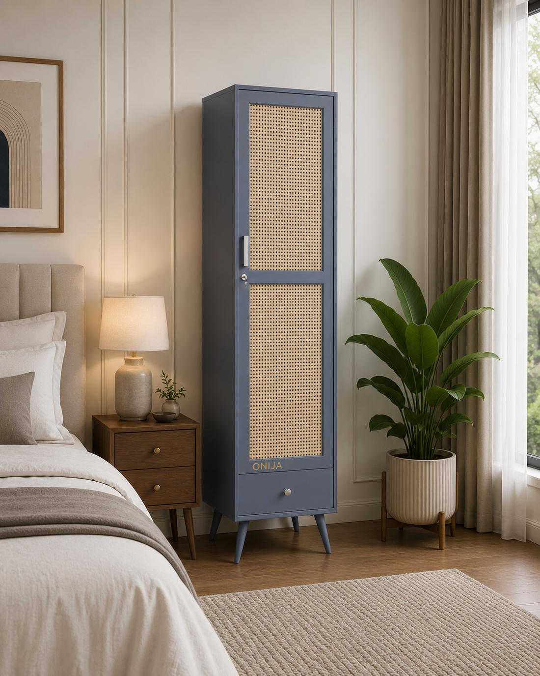 Craft D Art Wooden Single Door Wardrobe with Rattan Panel & Drawer