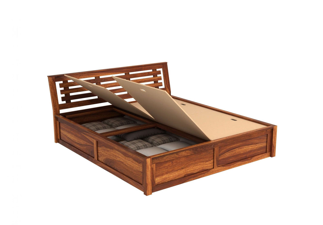 Craft D Art Sheesham Wood Queen Size Bed With Storage (Honey Finish)