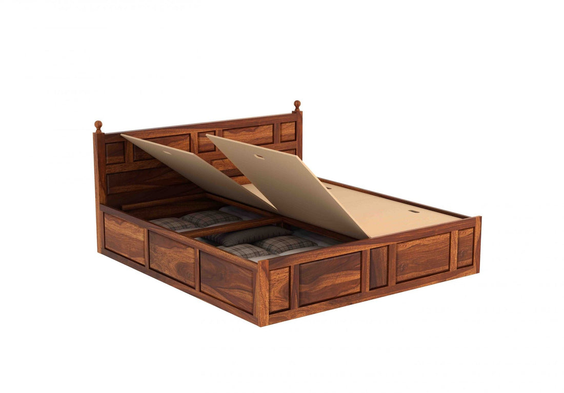Craft D Art Sheesham Wood Queen Size Bed With Storage (Honey Finish)