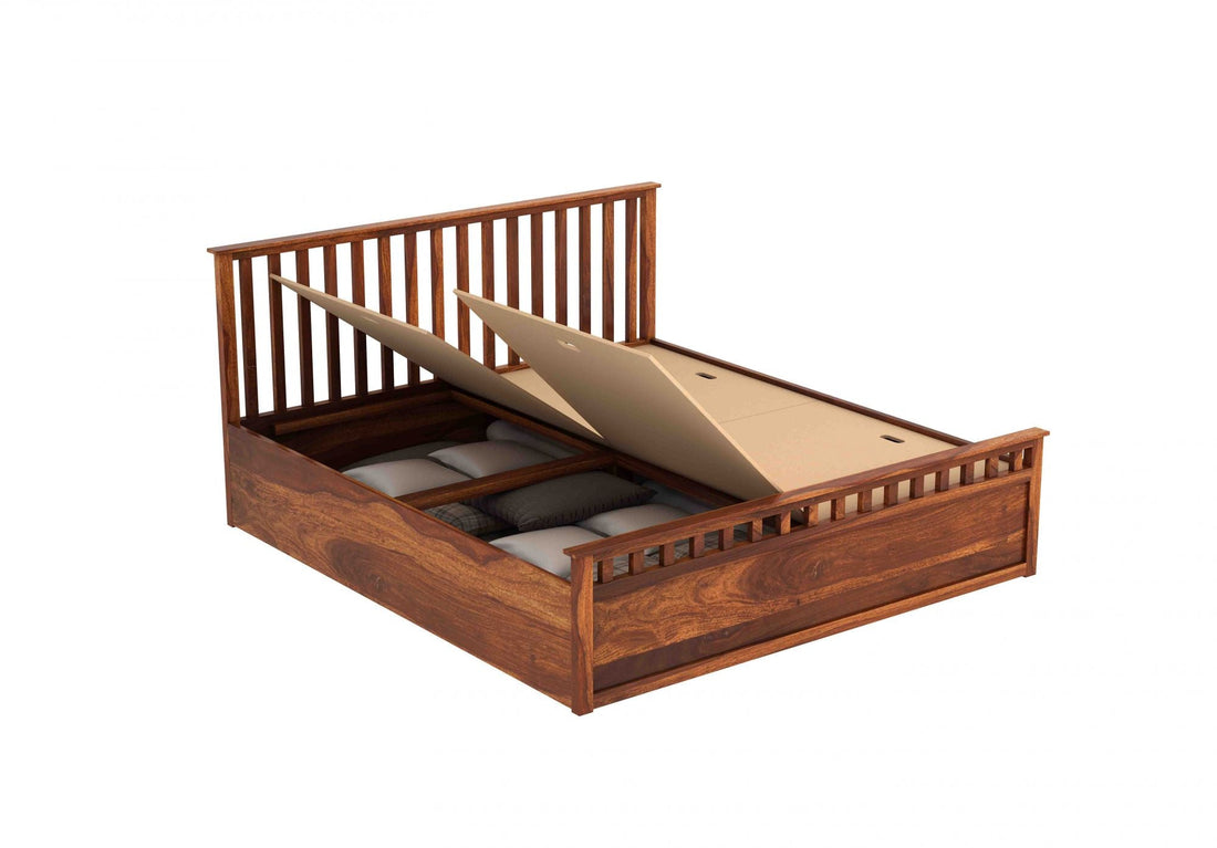 Craft D Art Sheesham Wood Queen Size Bed With Storage (Honey Finish)
