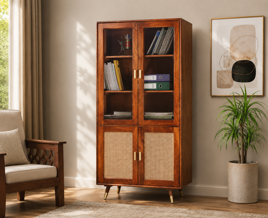 Craft D Art Wooden Display Cabinet with Glass Doors & Rattan Storage