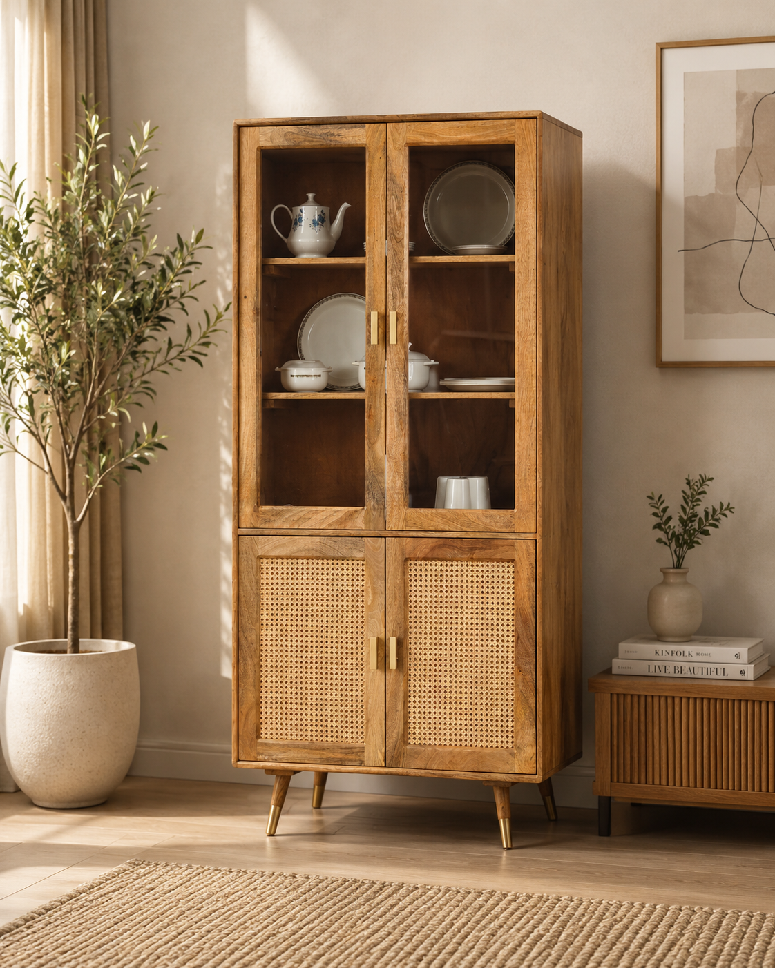 Craft D Art Wooden Display Cabinet with Glass Doors & Rattan Storage