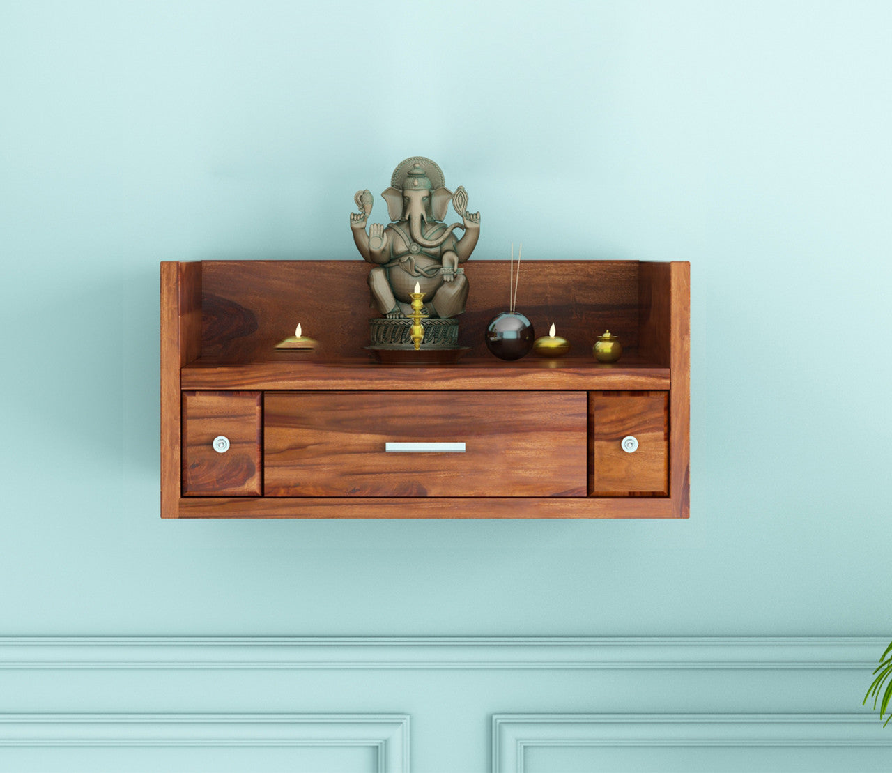 Solid Sheesham Wood Wall Mounted Temple with Drawer
