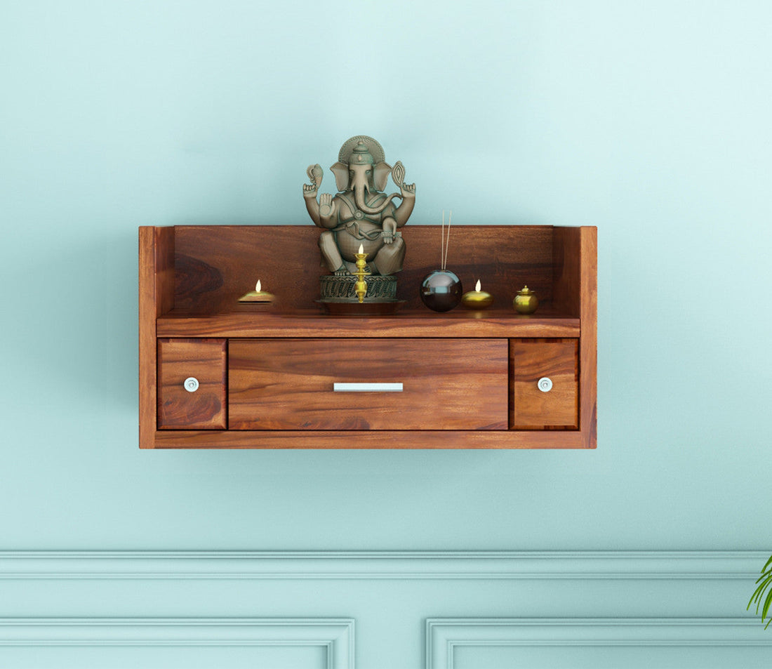 Solid Sheesham Wood Wall Mounted Temple with Drawer