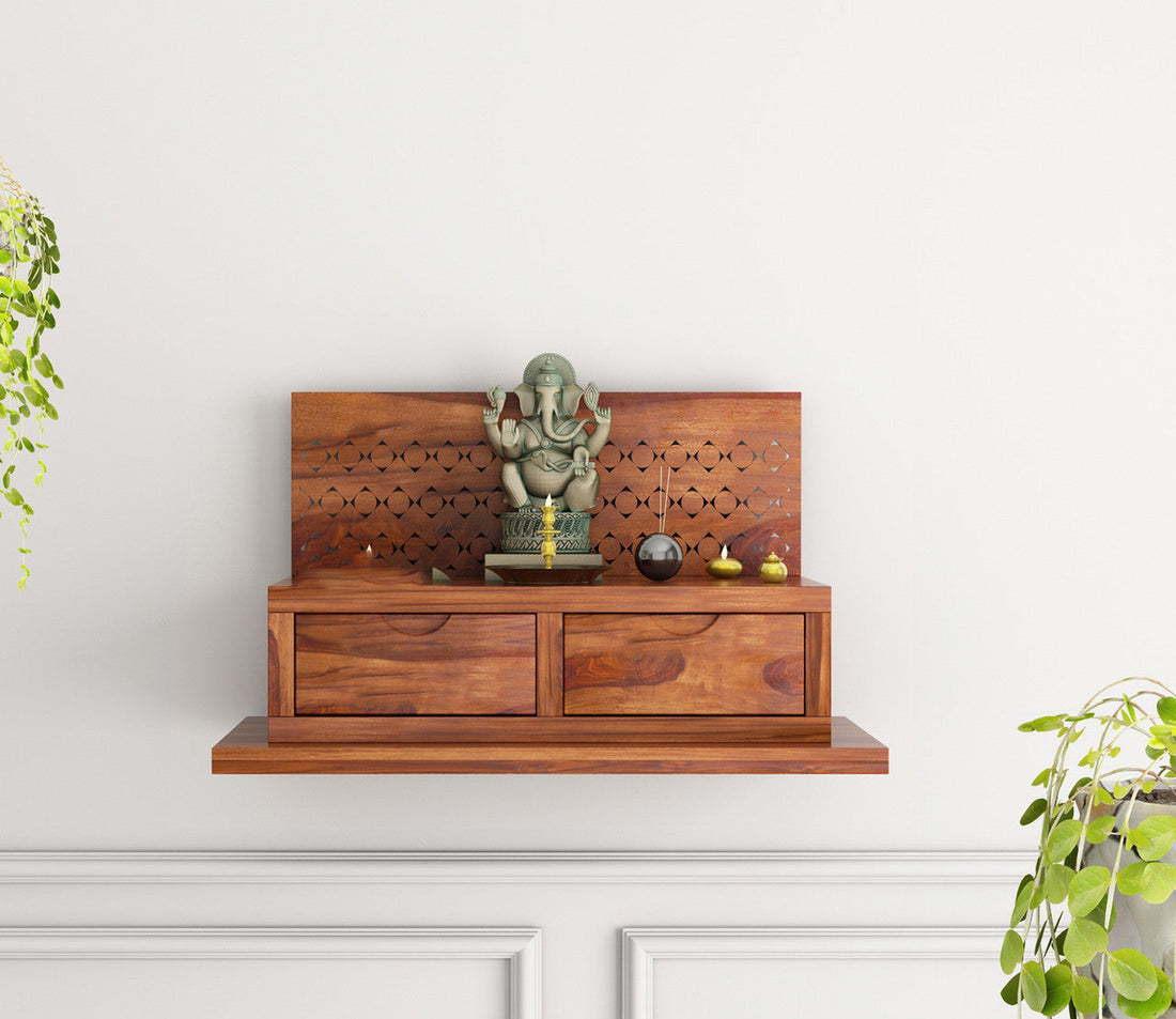 Solid Sheesham Wood Wall Mounted Temple with Drawers