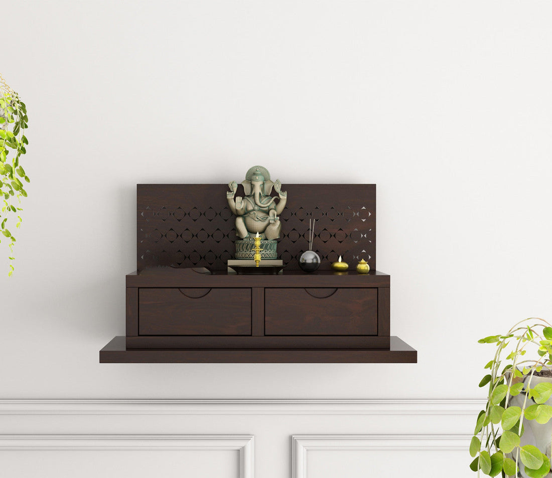 Solid Sheesham Wood Wall Mounted Temple with Drawers