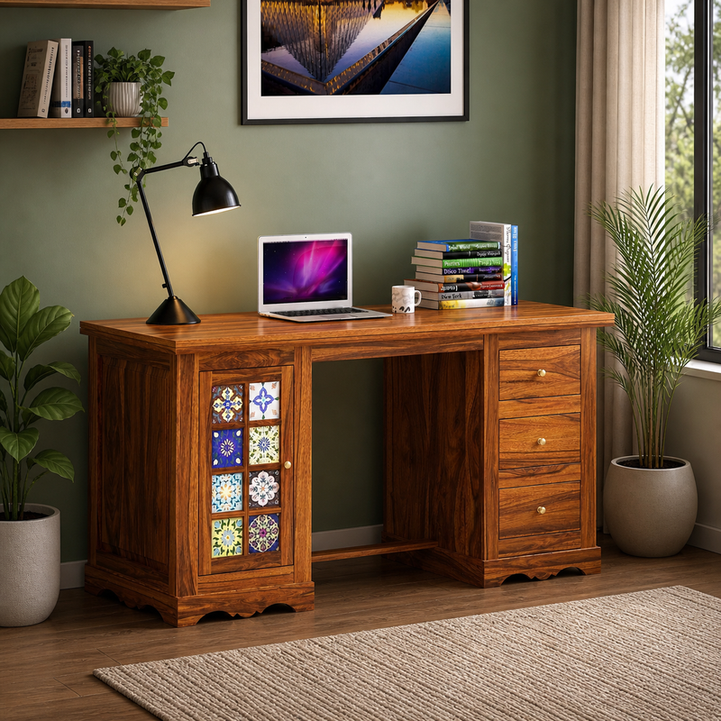 Craft D Art Sheesham Wood Study Desk with Drawers & Tile Cabinet