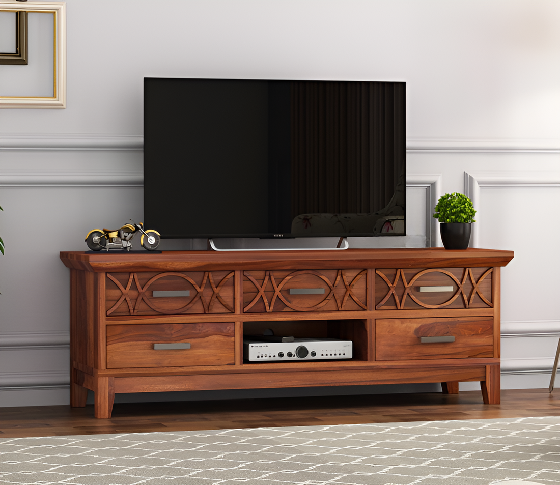 Quenthoris Sheesham Wood Tv Unit with Five Pull Out Drawers (Honey Finish)
