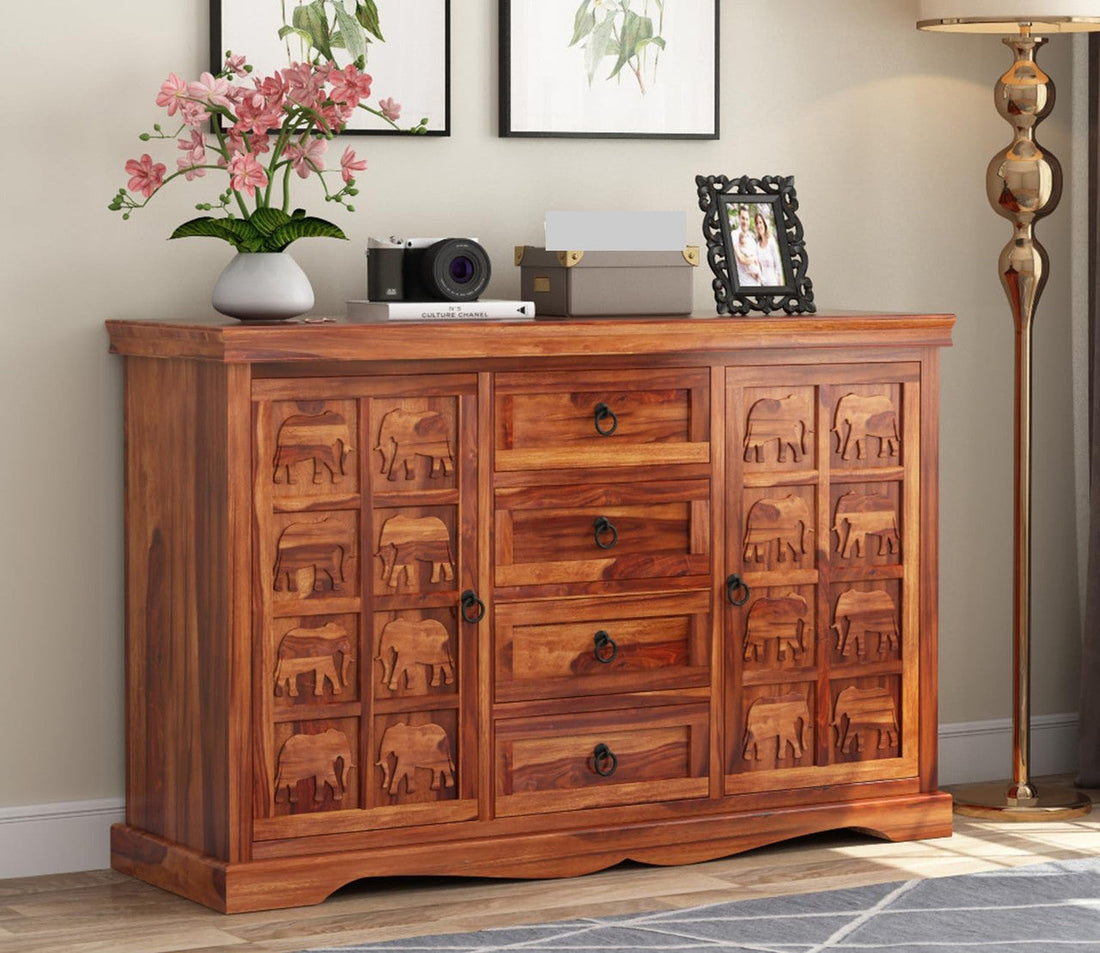 Craft D Art Sheesham Wood Sideboard Cabinet with Elephant Carving