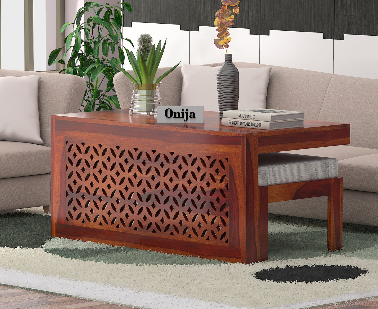 Craft D Art Sheesham Wood Center Table With Stools (Honey Finish)
