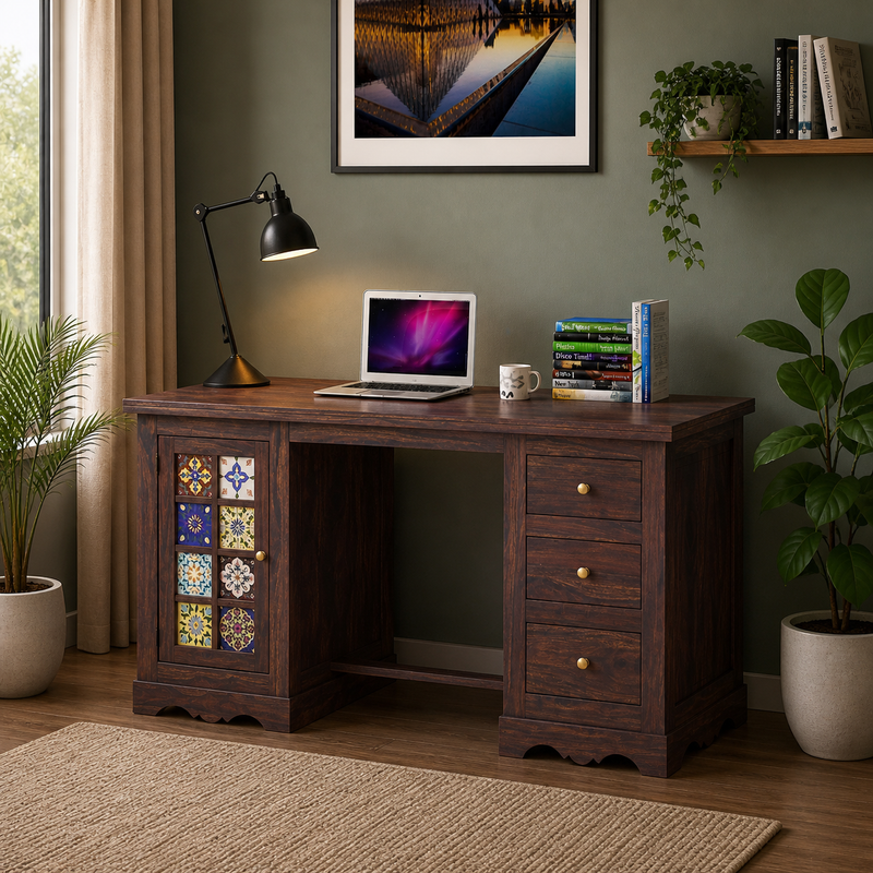Craft D Art Sheesham Wood Study Desk with Drawers & Tile Cabinet