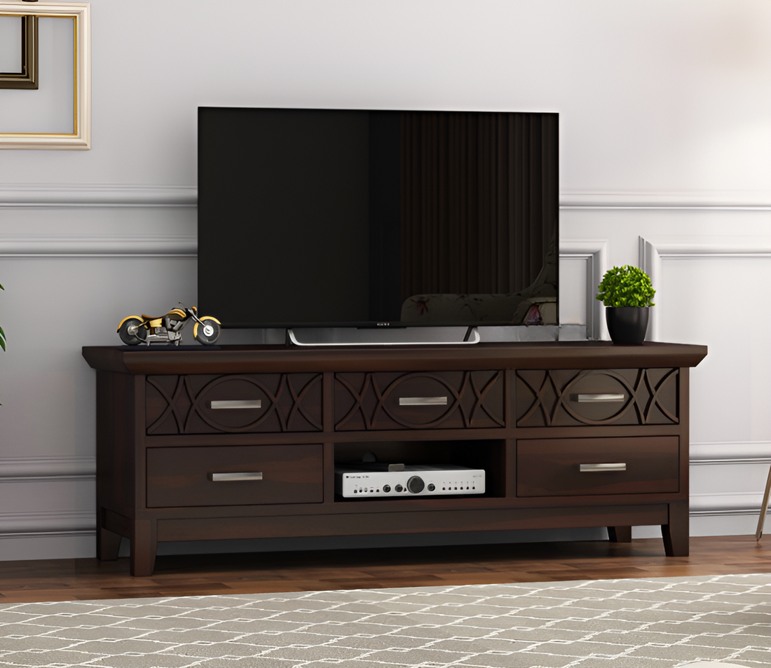 Quenthoris Sheesham Wood Tv Unit with Five Pull Out Drawers (Walnut Finish)
