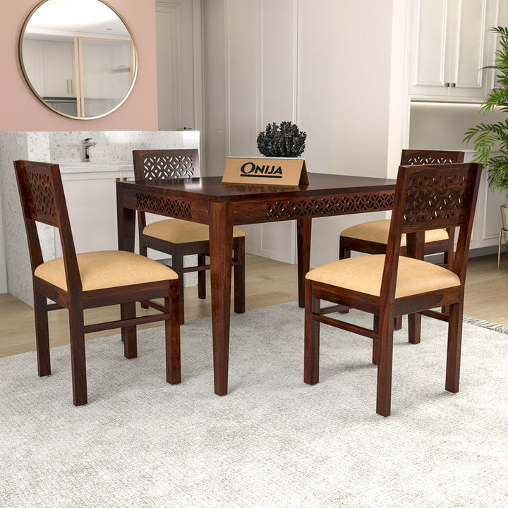 Craft D Art Sheesham Wood 4 Seater Carved Dining Table Set (Walnut Finish)