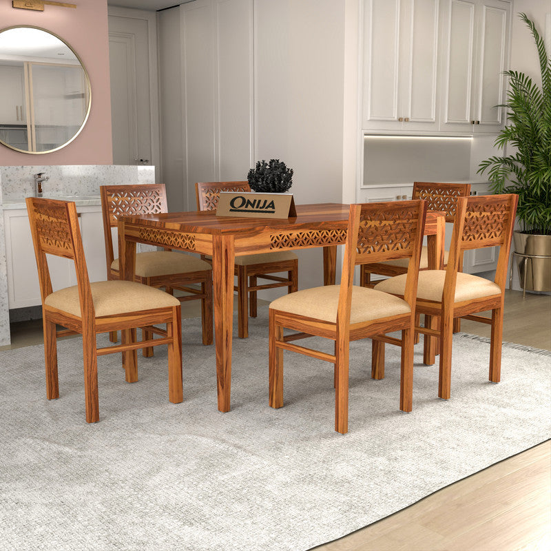 Craft D Art Sheesham Wood 6 Seater Carved Dining Table Set (Honey Finish)