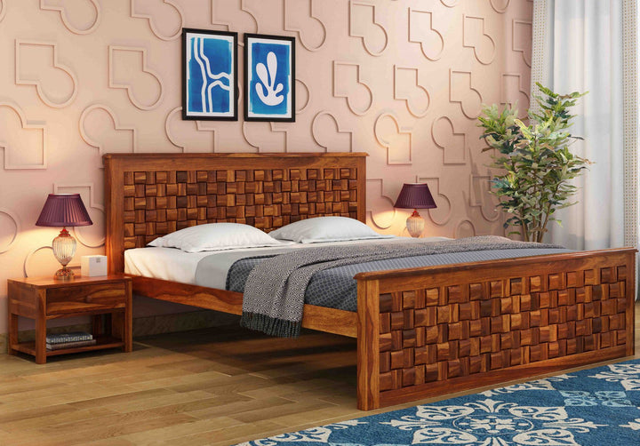 Craft D Art Sheesham Wood King Size Bed Without Storage (Honey Finish)