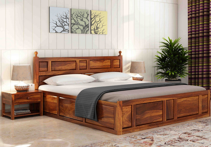 Craft D Art Sheesham Wood King Size Bed With Storage (Honey Finish)