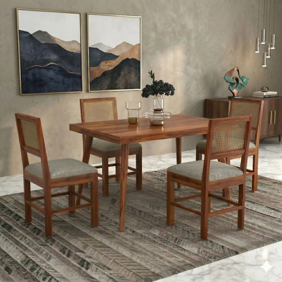 Craft D Art Solid Sheesham Wood 4 Seater Dining Table Set With Cane Chair