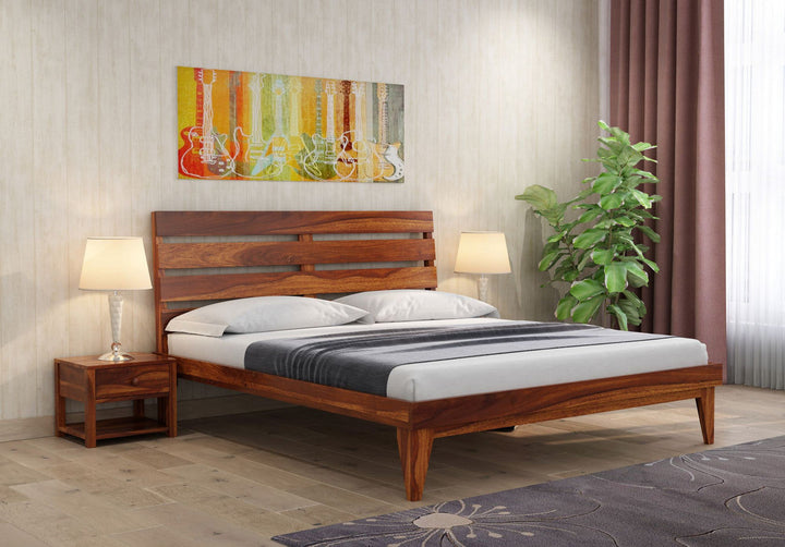 Craft D Art Sheesham Wood Queen Size Bed Without Storage (Honey Finish)