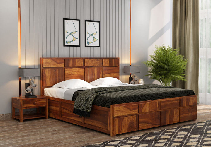 Craft D Art Sheesham Wood King Size Bed With Storage (Honey Finish)