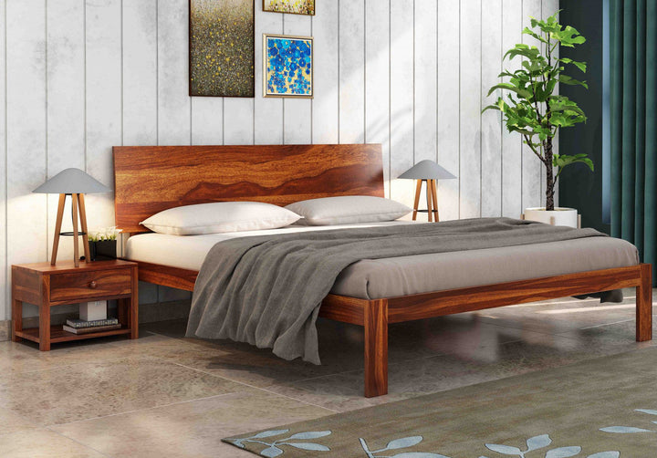 Craft D Art Sheesham Wood Queen Size Bed Without Storage (Honey Finish)