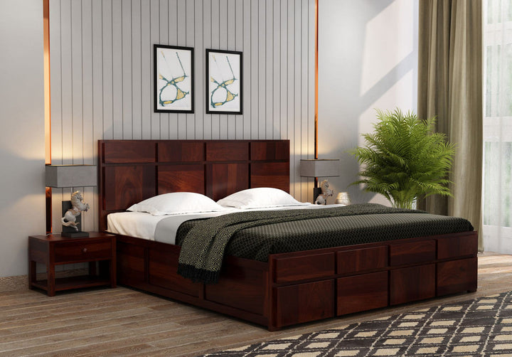 Craft D Art Sheesham Wood Queen Size Bed With Storage (Walnut Finish)