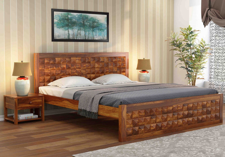 Craft D Art Sheesham Wood Queen Size Bed Without Storage (Honey Finish)