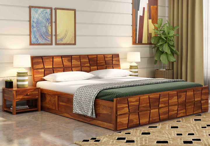 Craft D Art Solid Sheesham Wood King Size Bed with Geometric Design