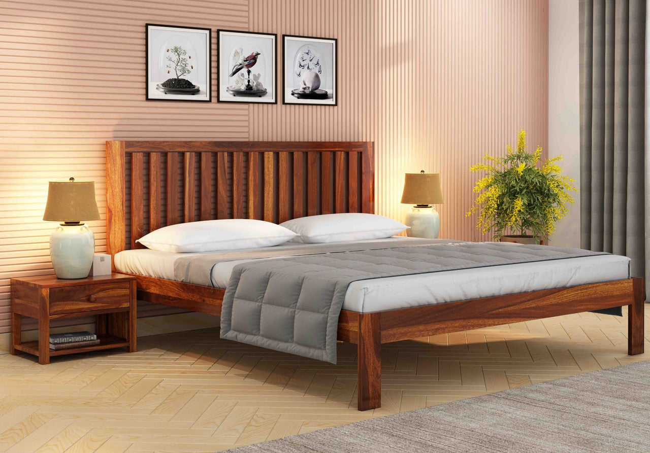 Craft D Art Sheesham Wood King Size Bed Without Storage (Honey Finish)