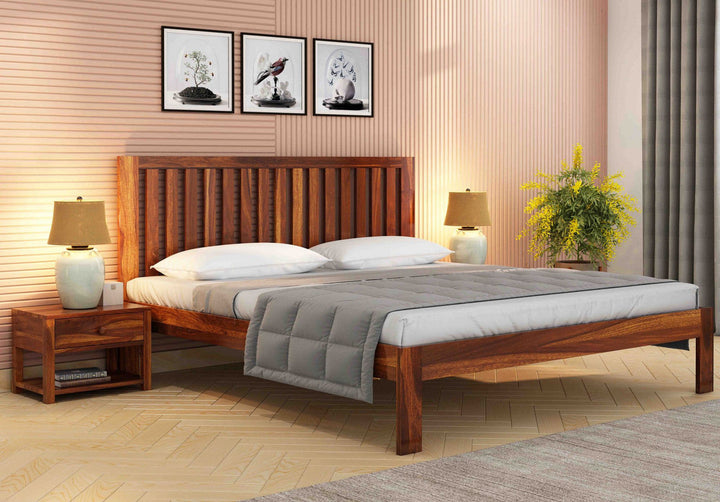 Craft D Art Sheesham Wood Queen Size Bed Without Storage (Honey Finish)