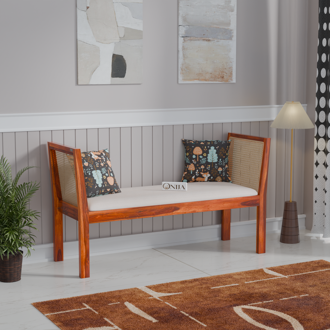 Craft D Art Sheesham Wood Cane Bench with Upholstered Seat for Living Room & Entryway