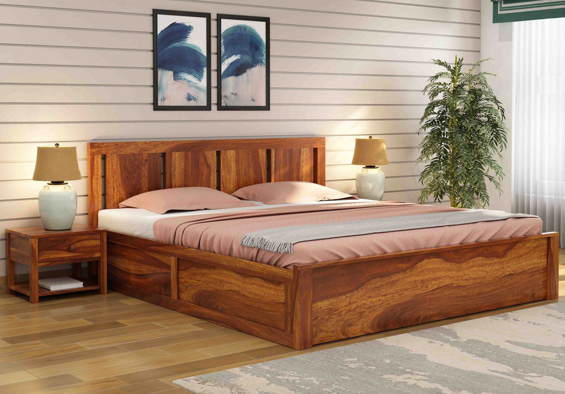 Craft D Art Sheesham Wood Queen Size Bed With Storage (Honey Finish)