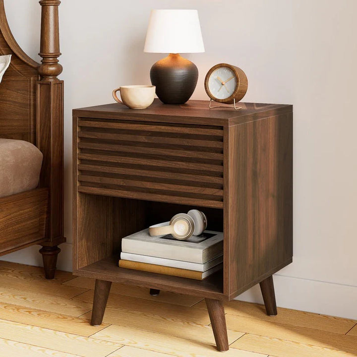 Craft D Art Wooden Bedside Table with Fluted Drawer & Open Shelf