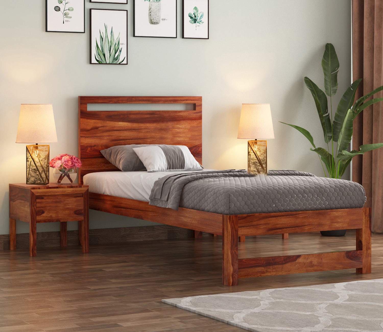 Craft D Art Sheesham Wood Single Bed Without Storage (Honey Finish)