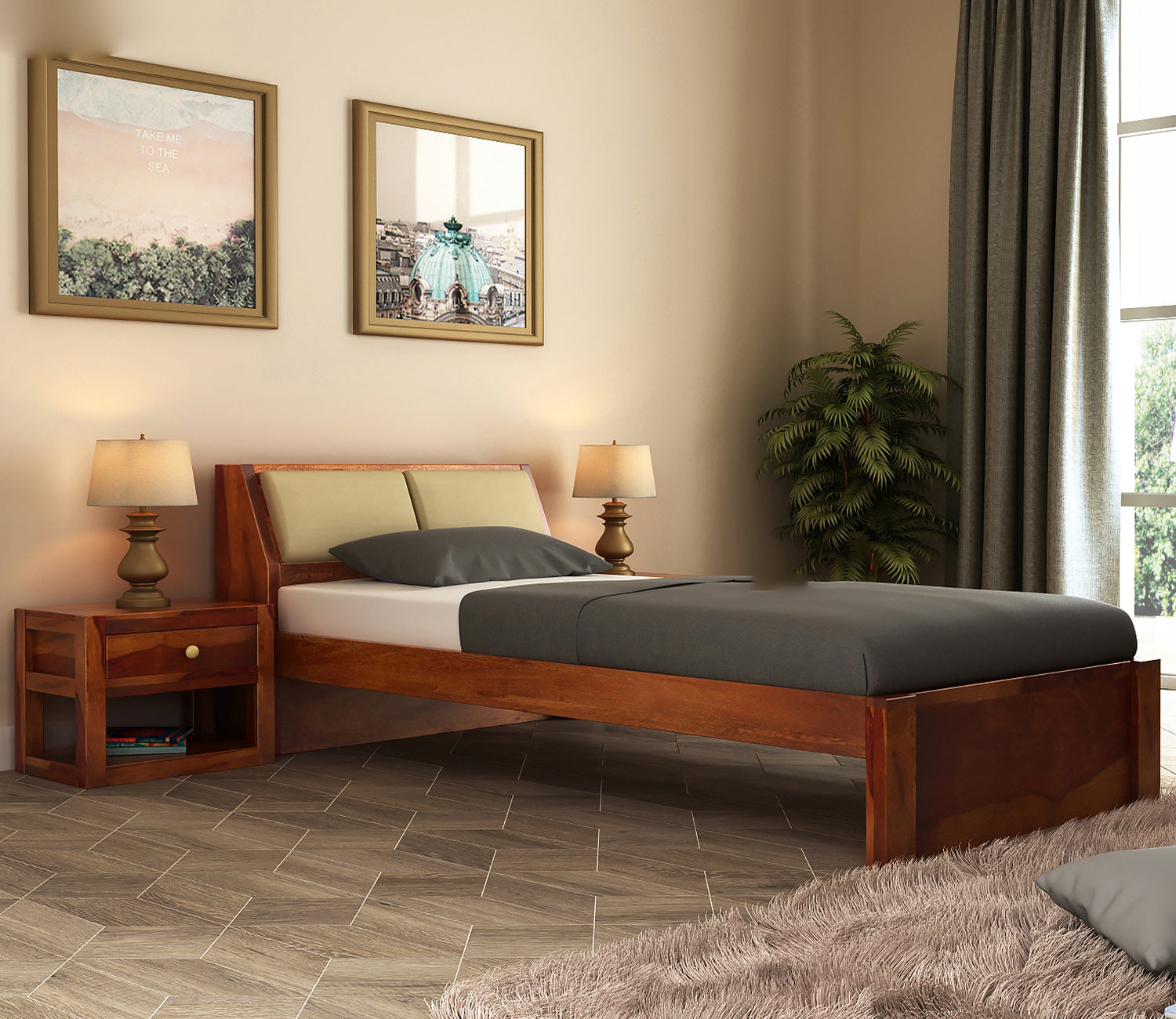 Solid Sheesham Wood Single Bed — Honey Finish | Handcrafted by Indian Artisans