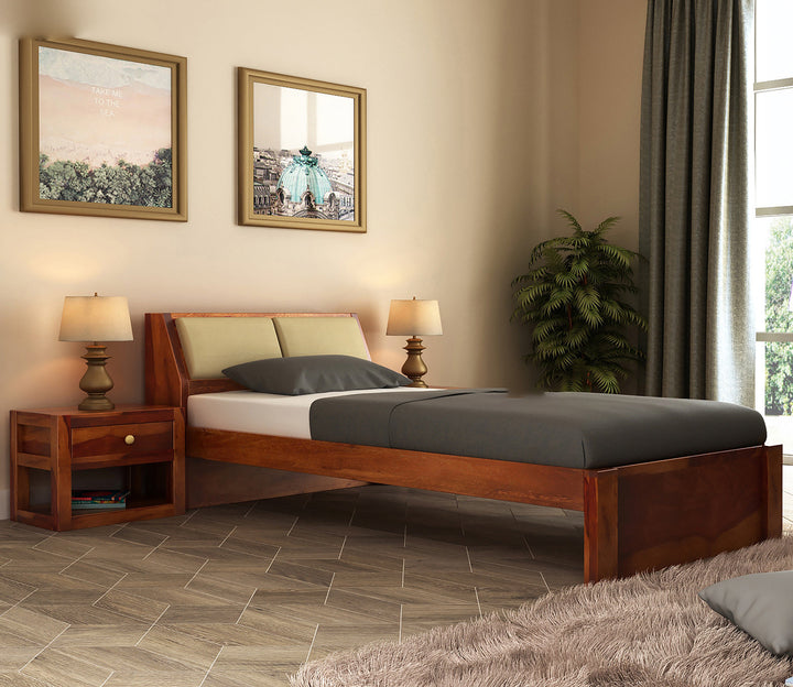 Solid Sheesham Wood Single Bed — Honey Finish | Handcrafted by Indian Artisans
