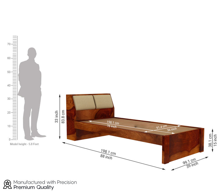 Solid Sheesham Wood Single Bed — Honey Finish | Handcrafted by Indian Artisans