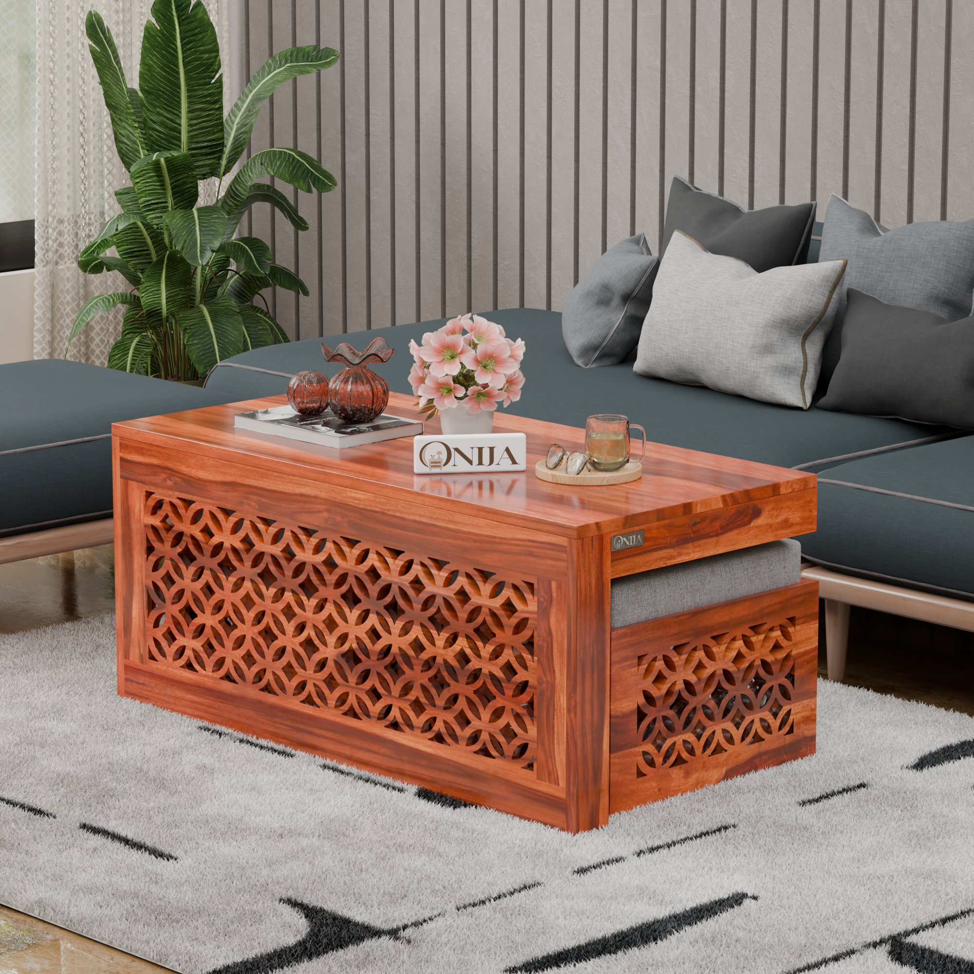 Craft D Art Sheesham Wood Center Table With Stools (Natural Finish)
