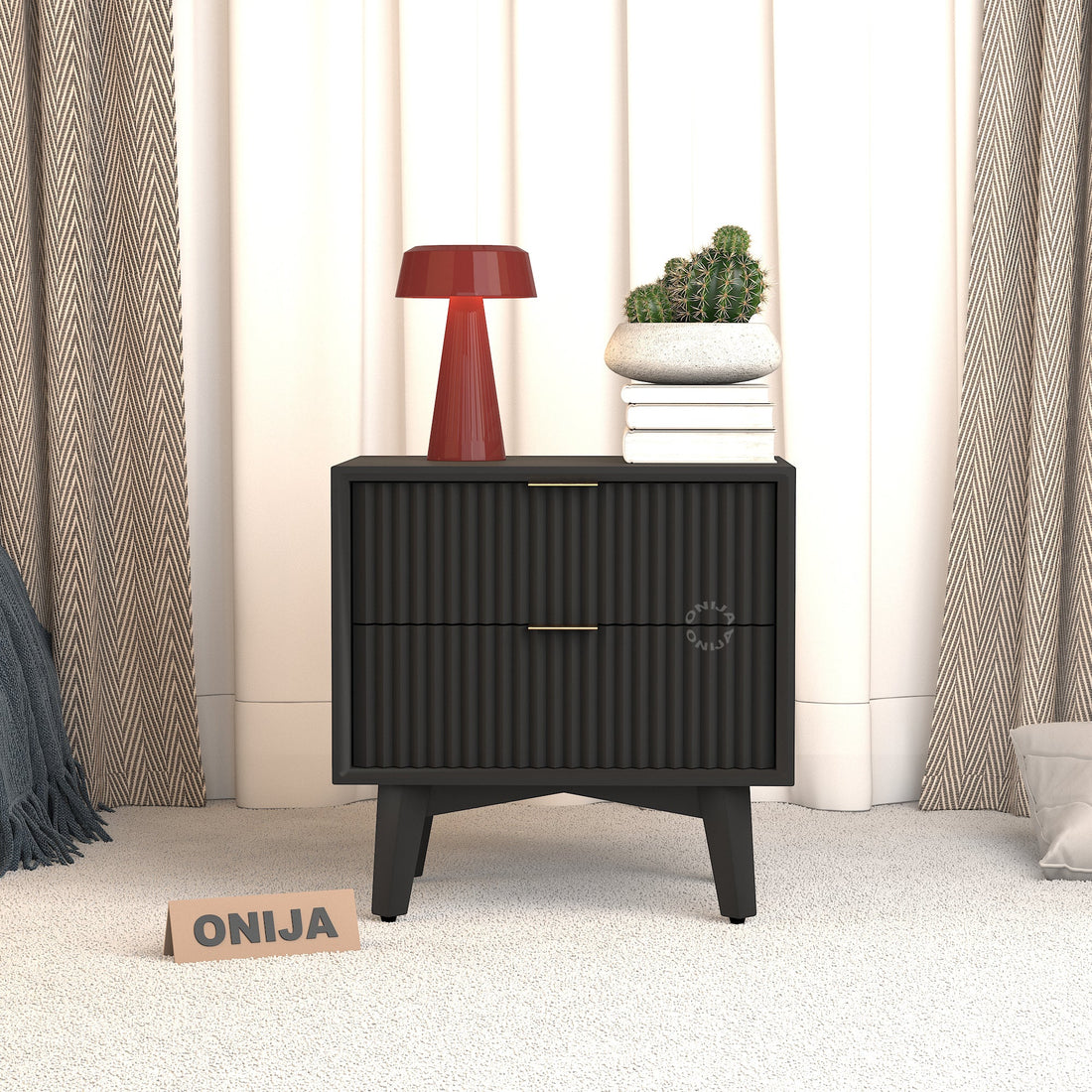 Black Fluted Bedside Table with 2 Drawers — Modern Scandinavian Style