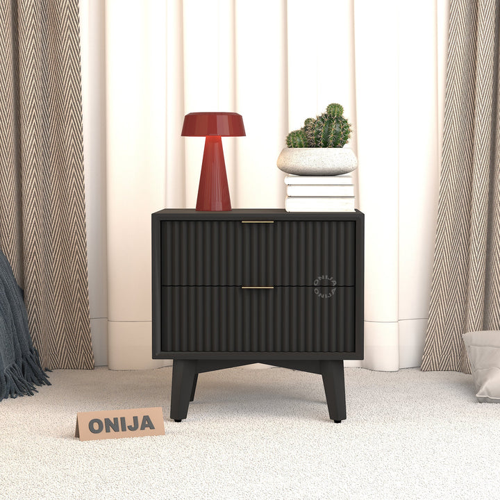 Black Fluted Bedside Table with 2 Drawers — Modern Scandinavian Style