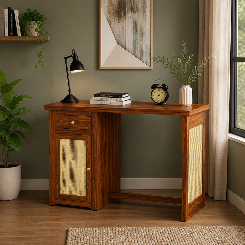 Craft D Art Sheesham Wood Study Desk with Cane Cabinet