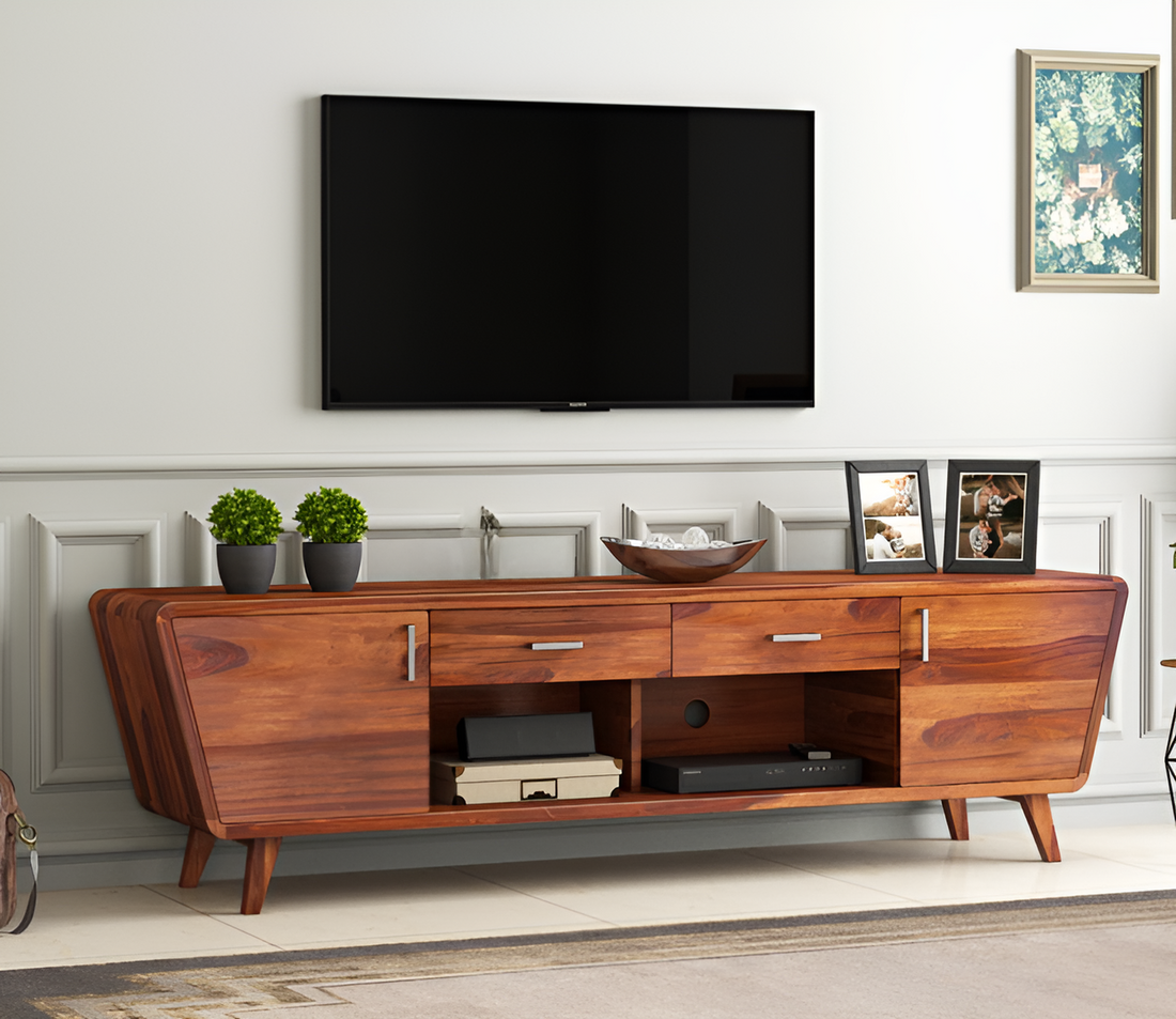 Perondis Sheesham Wood Tv Unit with Cupboards Drawers and Shelve Storage (Honey Finish)