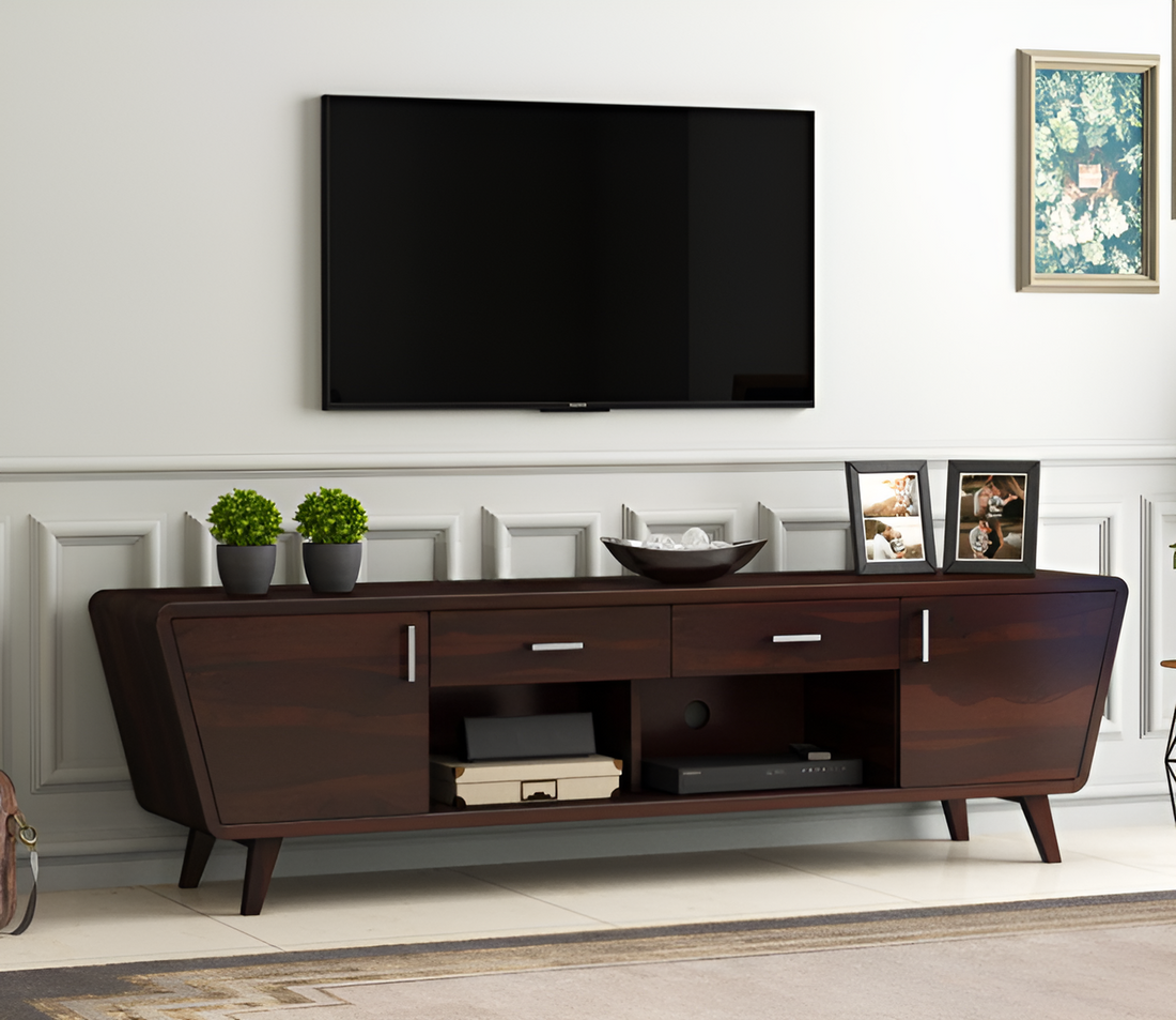 Perondis Sheesham Wood Tv Unit with Cupboards Drawers and Shelve Storage (Walnut Finish)
