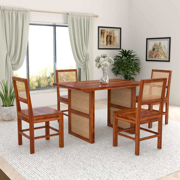 Craft D Art Solid Wood 4 Seater Dining Table Set with Rattan Chairs