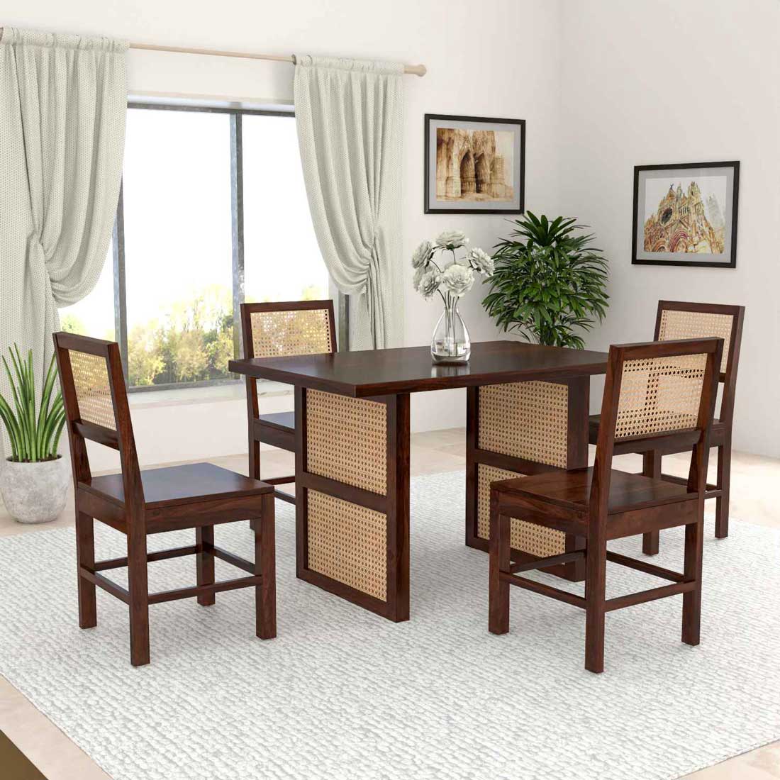 Craft D Art Solid Wood 4 Seater Dining Table Set with Rattan Chairs