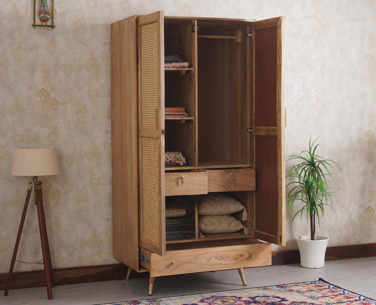 Craft D Art Sheesham Wood 2 Door Cane Wardrobe with Drawer