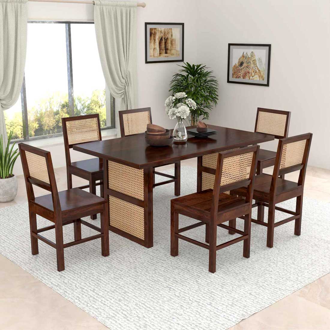 Craft D Art Solid Wood Scane Dining Set with Cane Back Chairs 6 Seater