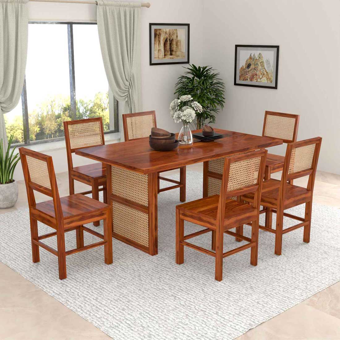Craft D Art Solid Wood Scane Dining Set with Cane Back Chairs 6 Seater