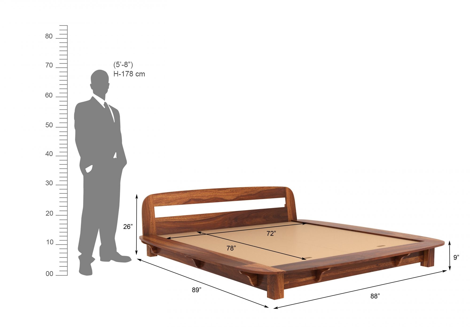 Craft D Art Sheesham Wood King Size Bed Without Storage (Honey Finish)